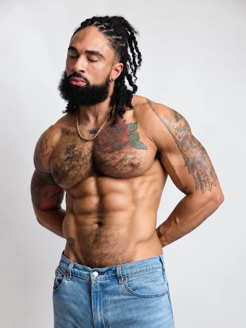 KORVELL founder in a shirtless editorial portrait, wearing blue jeans with eyes closed and hands behind the back.